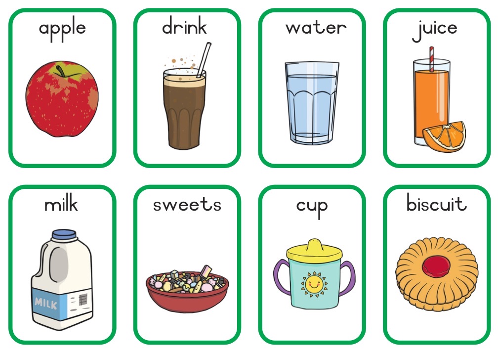 A printed page of eight flashcards: apple, drink, water, juice, milk, sweets, cup and biscuit